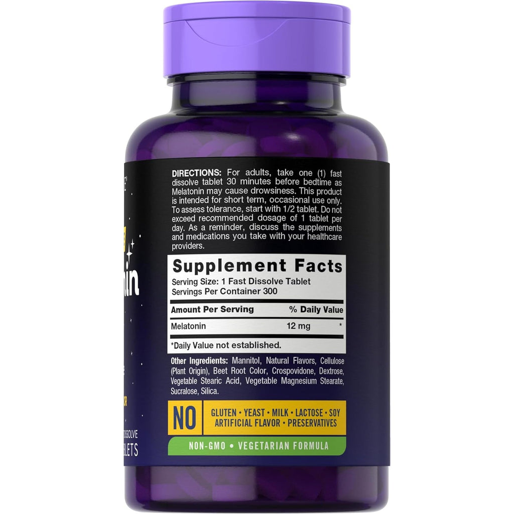 Carlyle Melatonin 12 Mg Fast Dissolve 300 Tablets | Drug Free | Natural Berry Flavor | Vegetarian, Non-Gmo, Gluten Free