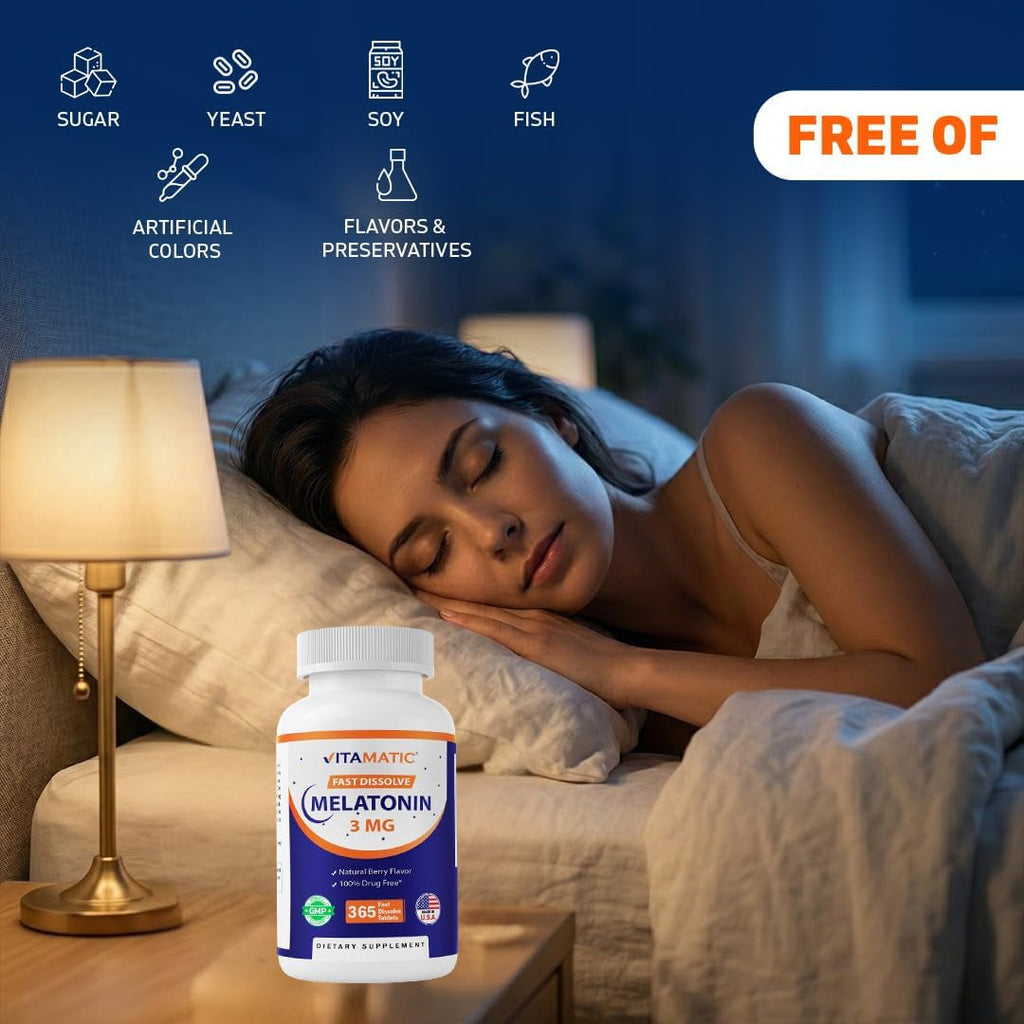 Vitamatic Melatonin 3Mg Tablets | Vegetarian, Non-Gmo, Gluten Free | 1 Year Supply | Natural Berry Flavor - 365 Tablets