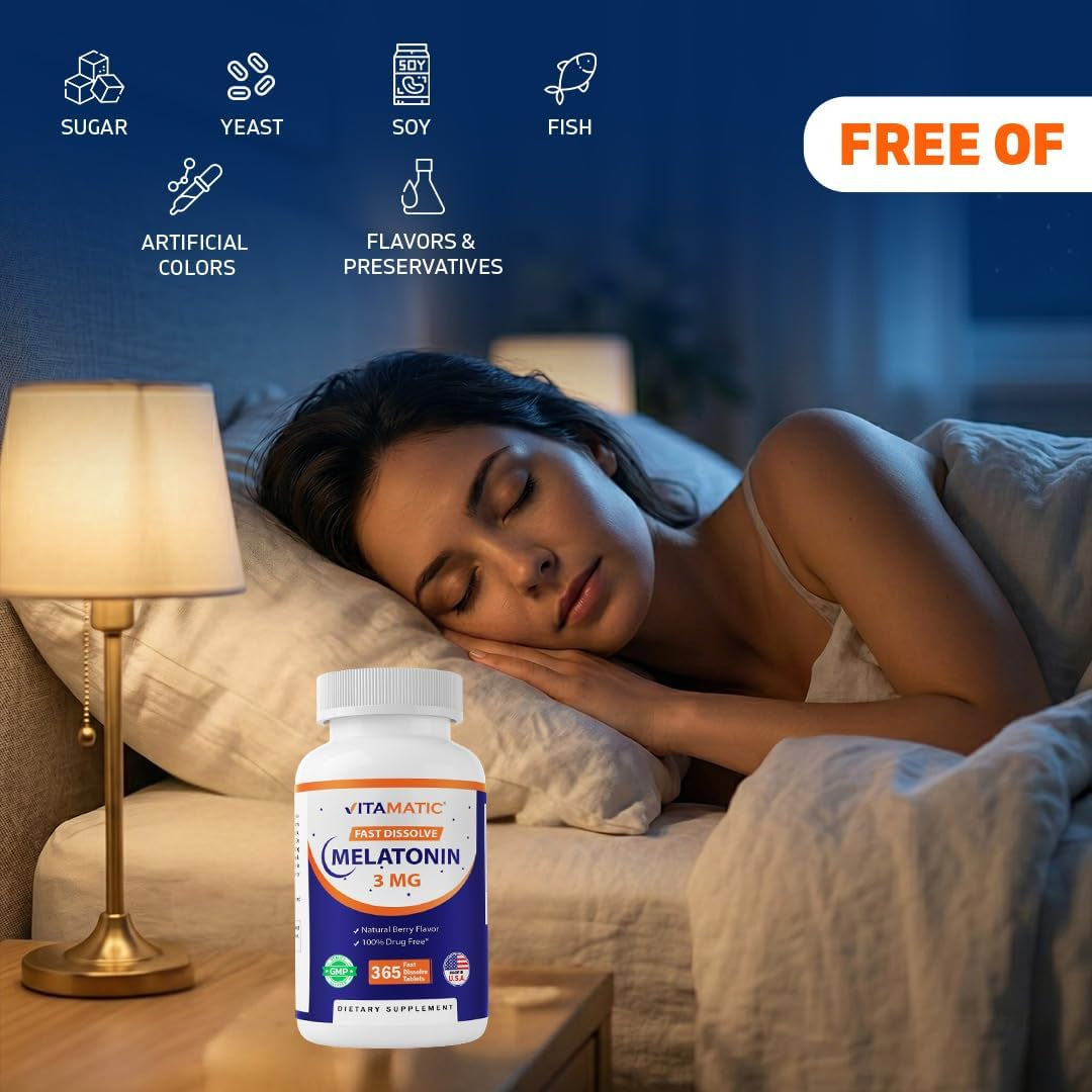 Vitamatic Melatonin 3Mg Tablets | Vegetarian, Non-Gmo, Gluten Free | 1 Year Supply | Natural Berry Flavor - 365 Tablets