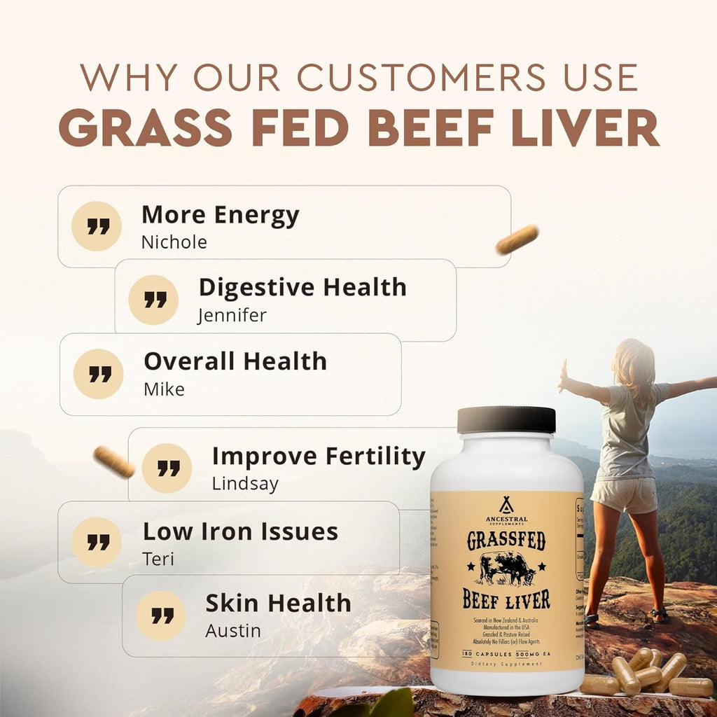 Ancestral Supplements Grass Fed Beef Liver 180 Capsules, Supports Energy Production, Detoxification, Digestion, Immunity and Full Body Wellness, Non-Gmo, Freeze Dried Liver Health Supplement