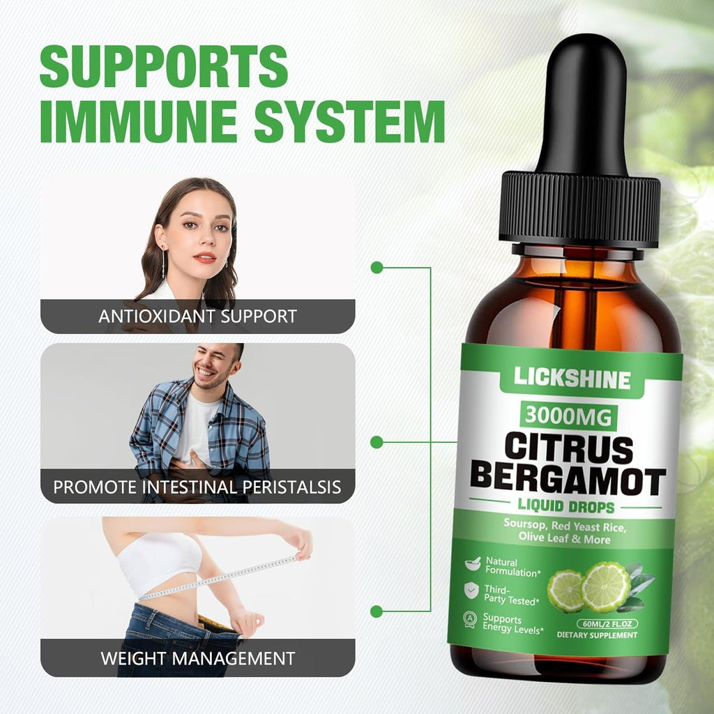Lickshine 2 Pack 3000Mg Citrus Bergamot Liquid Drops - High Absorption - Cholesterol Lowering Supplement for Immune Support Anti-Aging, Hight Cholesterol - Soursop Bitters Liquid, 4 Fl Oz
