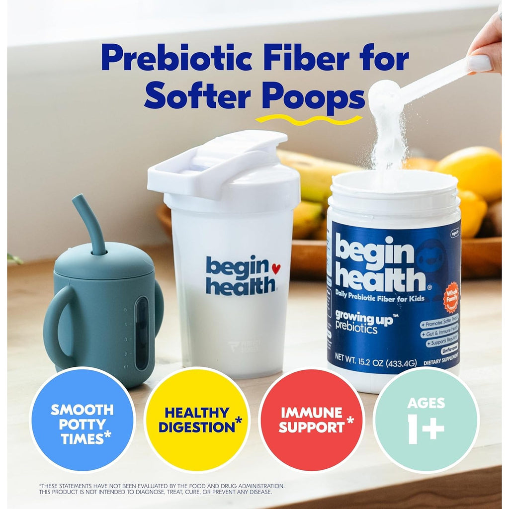 Begin Health Growing Up® Prebiotics for Kids 28-Packs | Prebiotic Soluble Powder Stool Softeners & Digestive Gut Health Supplement | Ideal to Mix with Kids Daily Beverages and Soft Foods - Unflavored