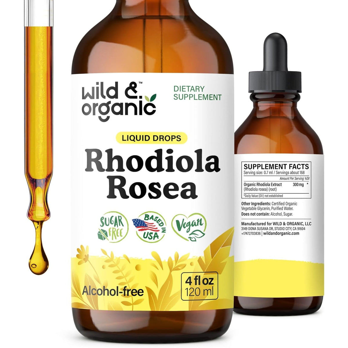Wild & Organic Rhodiola Rosea Tincture - Rhodiola Rosea Supplement for Mood Support - Relaxing Root Extract Liquid Drops - Vegan, Sugar & Alcohol-Free - 4 Fl Oz