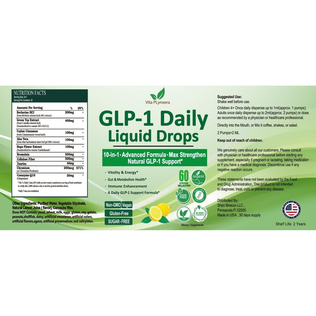 GLP-1 Support Liquid Drops, 10-In-1 Formula with Berberine, Ceylon Cinnamon, Prebiotic Fiber & Green Tea Extract | Support Healthy Metabolism, Digestive & Gut Health for Women & Men | Vegan, Non-Gmo