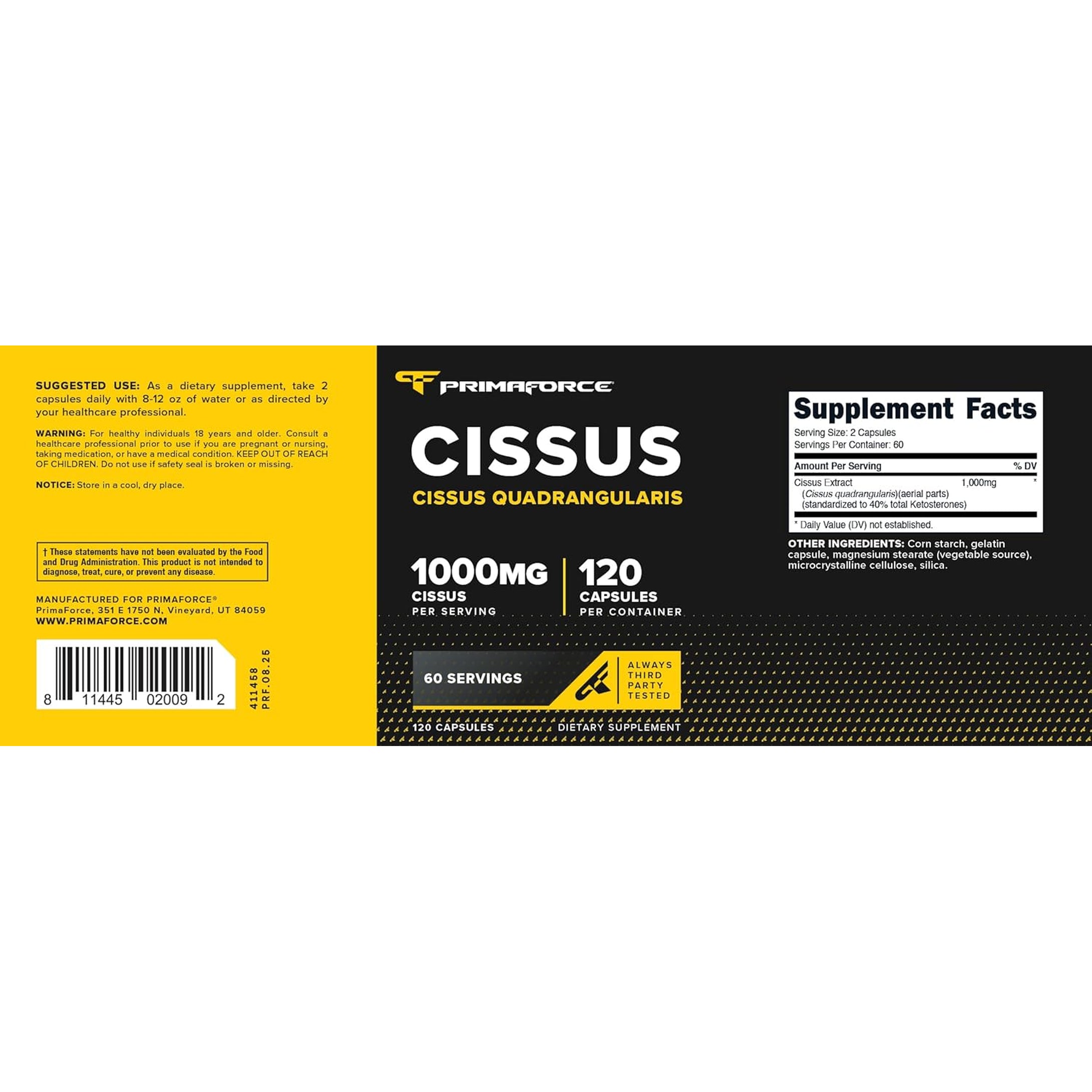 Primaforce Cissus Quadrangularis Extract, 120 Capsules, 1000Mg per Serving - Gluten Free, Non-Gmo