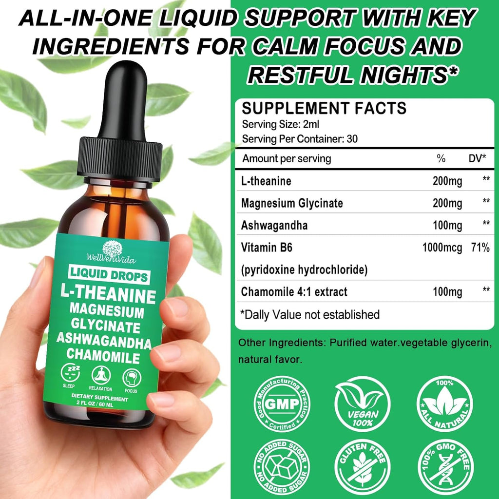 L Theanine Liquid Drops, Theanine Supplement with Magnesium Glycinate & Ashwagandha for Sleep, Relaxation & Focus Support, High Absorption Liquid L Theanine 200Mg for Adults & Kids丨Vegan, Non-Gmo, 2Oz