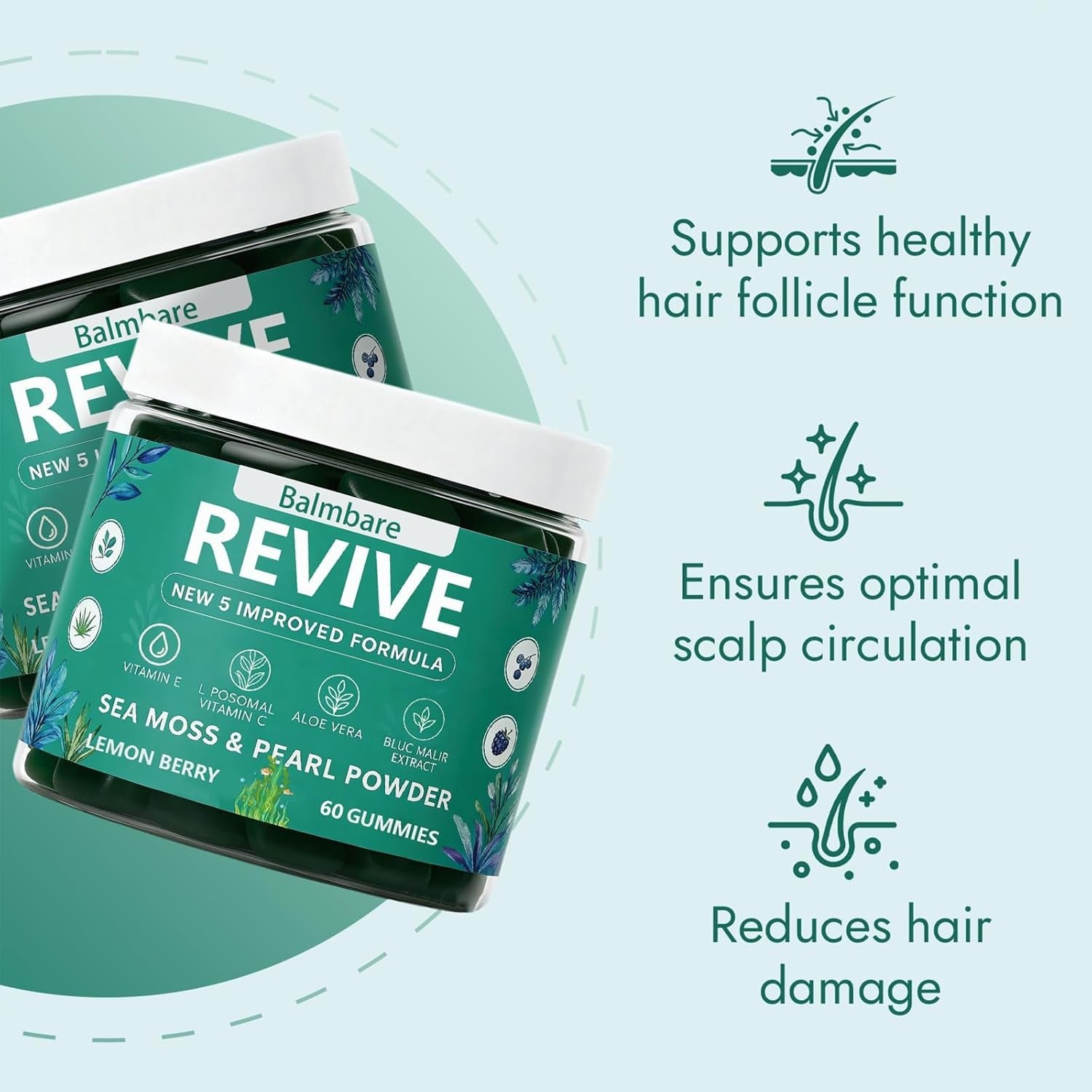 Balmbare Revive Gummies for Hair Loss, with Organic Irish Sea Moss Pearl Powder, Vitamins C & E, Aloe Vera - Supports Healthy Hair, Skin & Nails Growth (1Pcs)