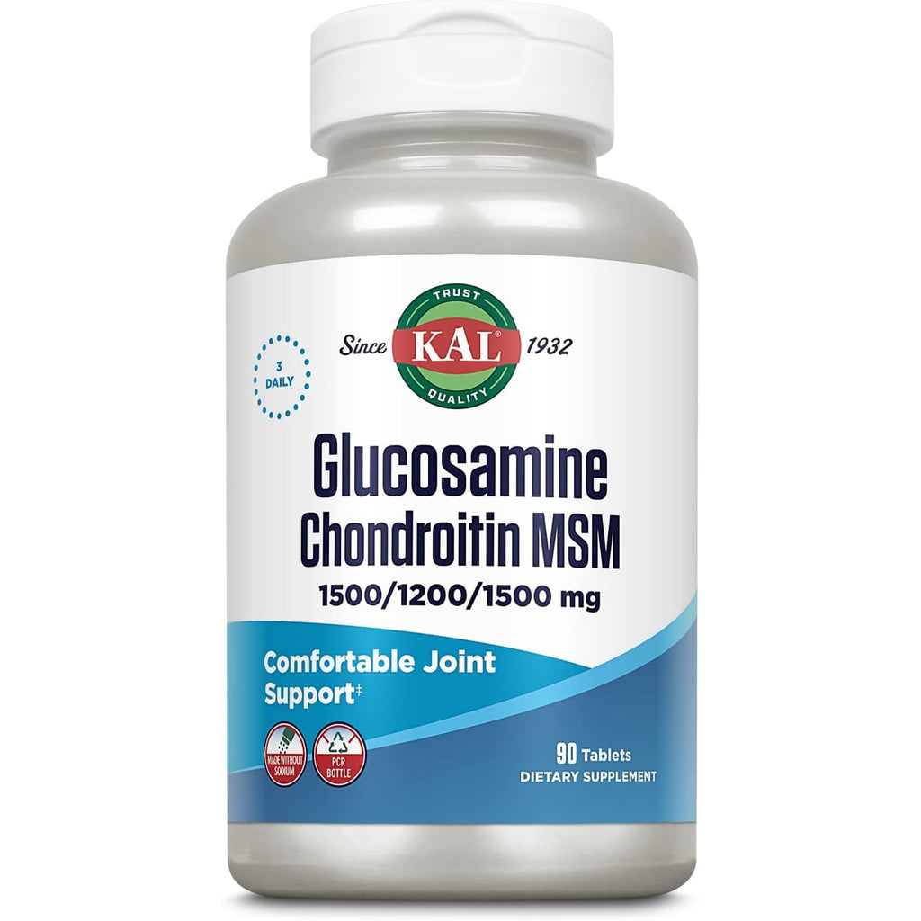 KAL Glucosamine Chondroitin MSM, Joint Support Supplement for Women and Men, 1500Mg Glucosamine Sulfate, 1200Mg Chondroitin, 1500Mg MSM, Rapid Disintegration, 60-Day Guarantee, 30 Servings, 90 Tablets