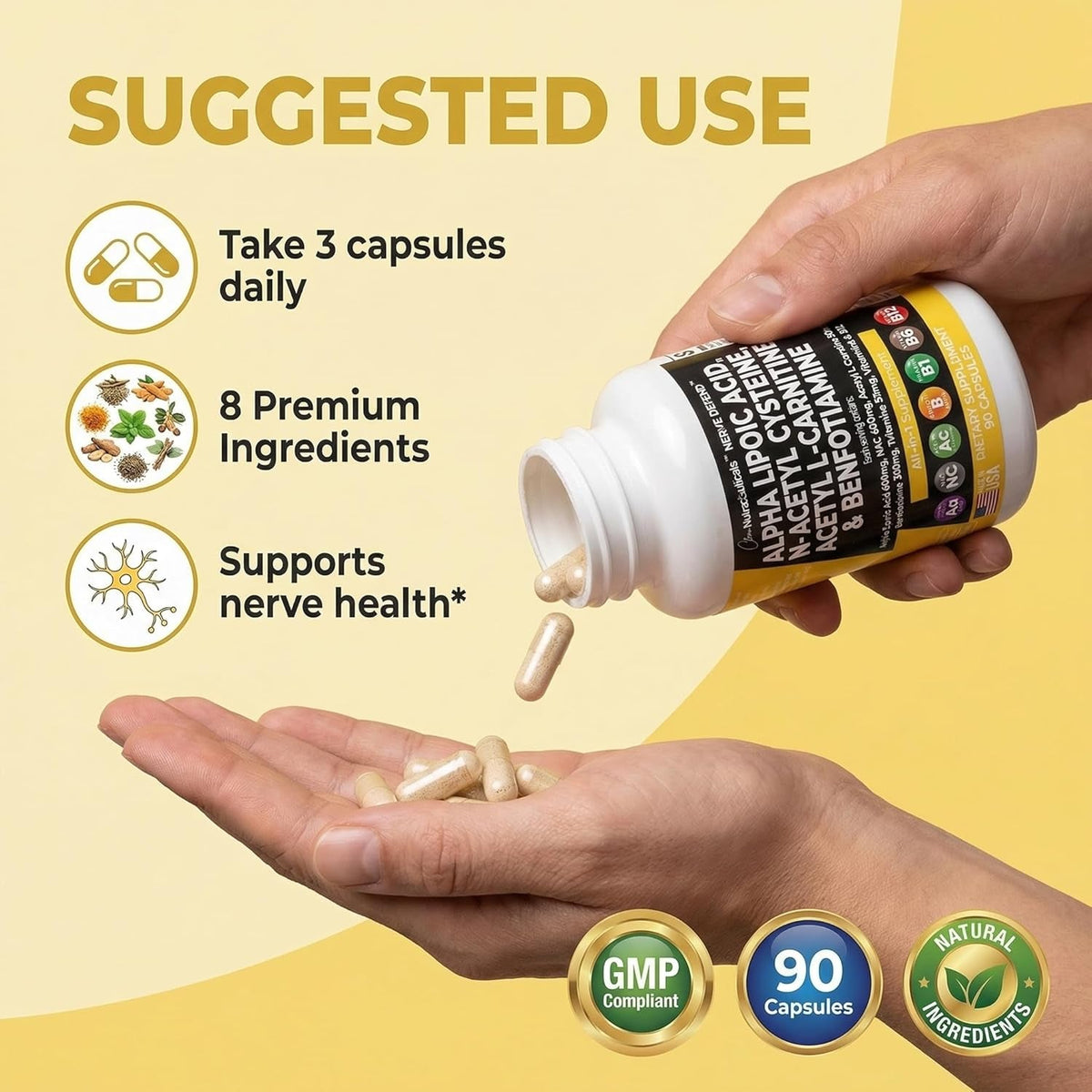 Alpha Lipoic Acid 600Mg N-Acetyl Cysteine 600Mg Acetyl L-Carnitine 500Mg Benfotiamine 300Mg - Nerve Support Supplement for Women and Men with Vitamin B1 B6 & B12 - Made in USA 90 Caps