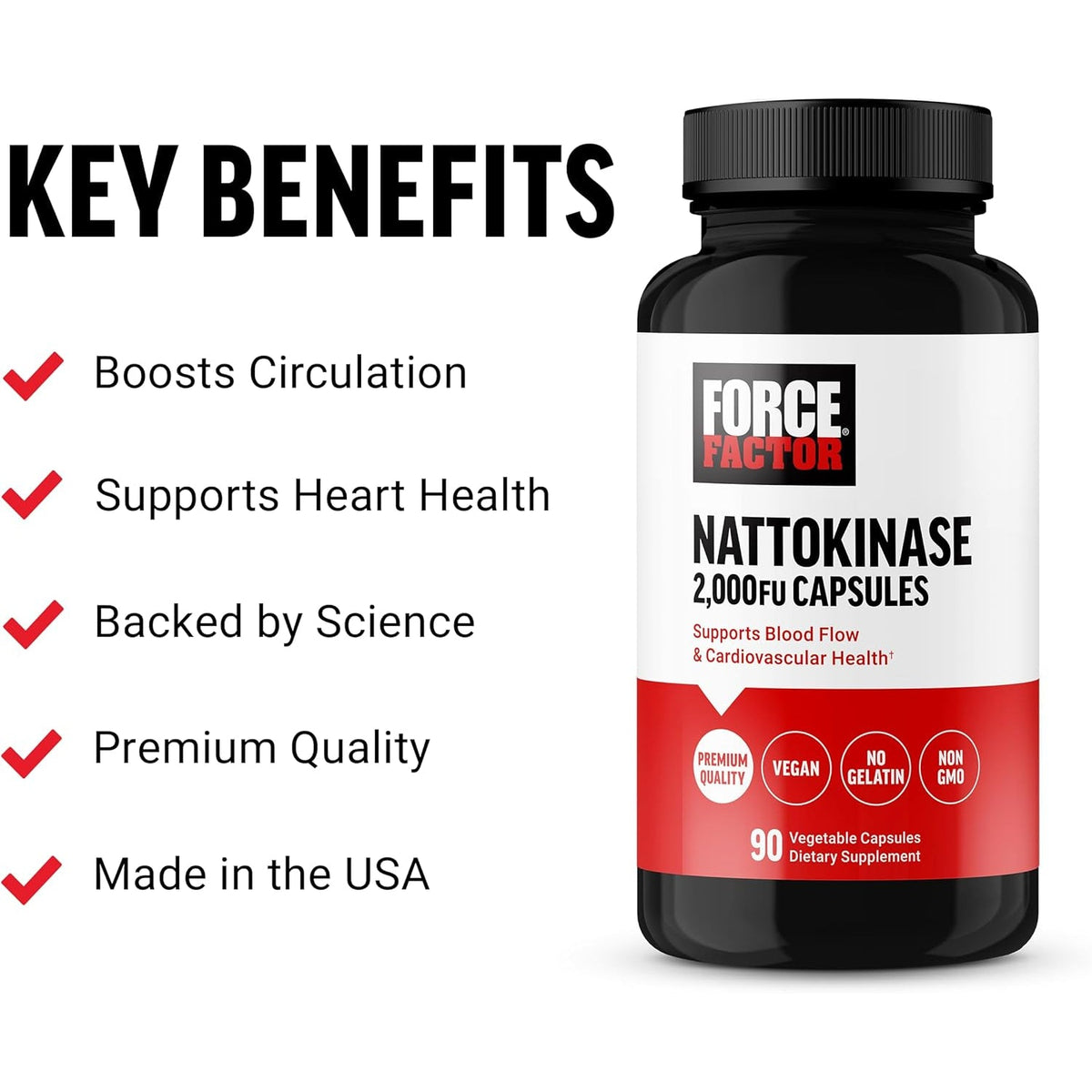 Force Factor Nattokinase 2000 FU, Nattokinase Supplement for Heart Health and Blood Pressure Health, Blood Circulation Pills, Non-Gmo, Vegan, No Gelatin, 90 Vegetable Capsules