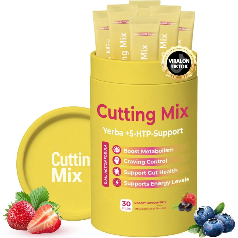 Cutting Drink Mix – Supports Digestive Health, Satiety, and Natural Energy with 5-HTP, Berberine, Cinnamon, Chromium, Yerba Mate, FOS - Strawberry Açaí Flavor - 30 Servings