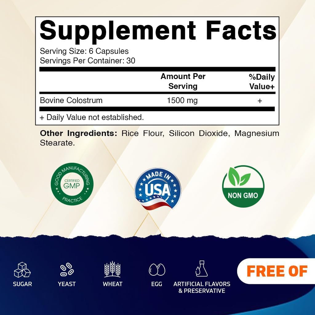 Vitamatic Bovine Colostrum 30% Igg Supplement 1500 Mg per Serving - Supplement for Gut Health, Hair Growth, Beauty, Muscle Recovery, & Immune Support - 180 Veg Capsules