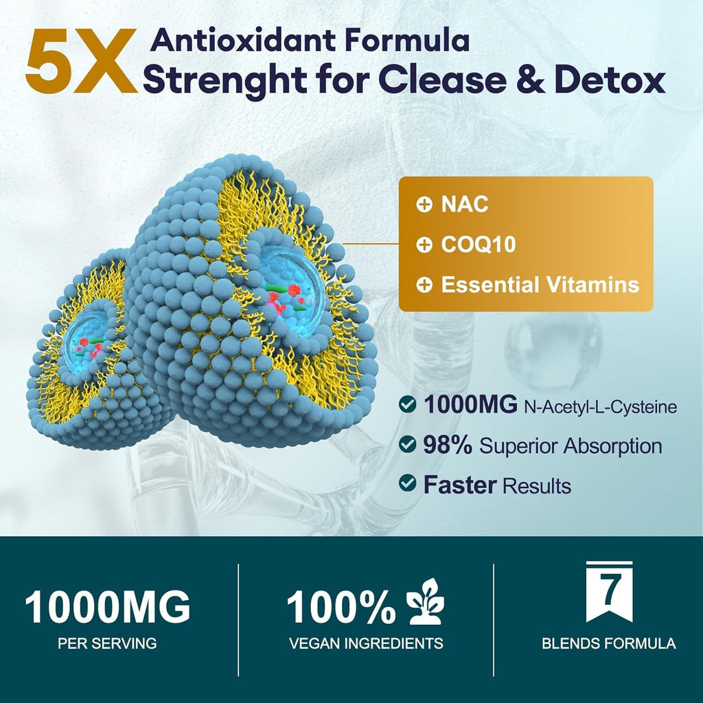 NAC Supplement N-Acetyl Cysteine| NAC 1,000Mg per Serving Capsules for Liver & Kidney Detox, Immune Support & Antioxidants - with Freeform N-Acetyl-L-Cysteine, Vegan, Non-Gmo, 120 Capsules