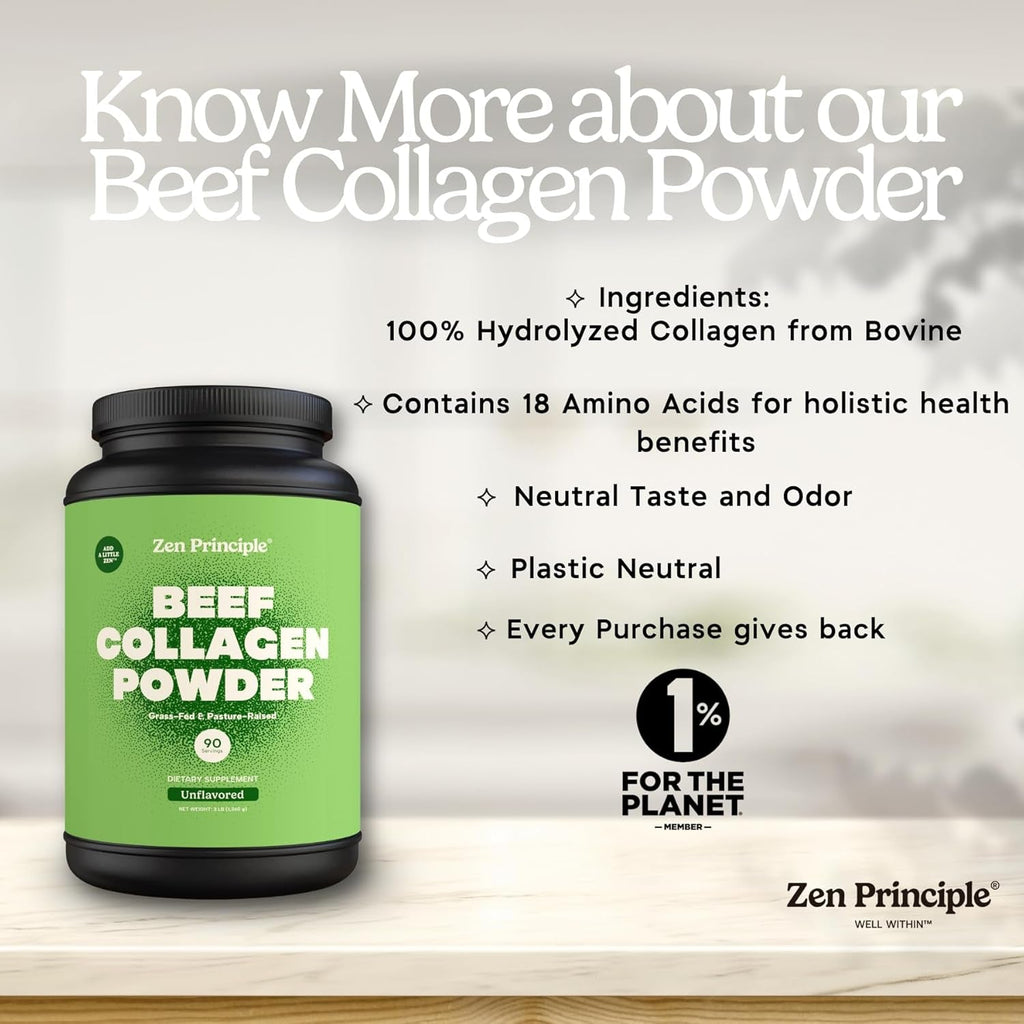 Zen Principle Grass-Fed Agglomerated Hydrolyzed Collagen Peptides 1.5 Lb. Anti-Aging Protein for Healthy Hair, Skin & Joints. Paleo Friendly, GMO and Gluten Free, Pasture-Raised Bovine.