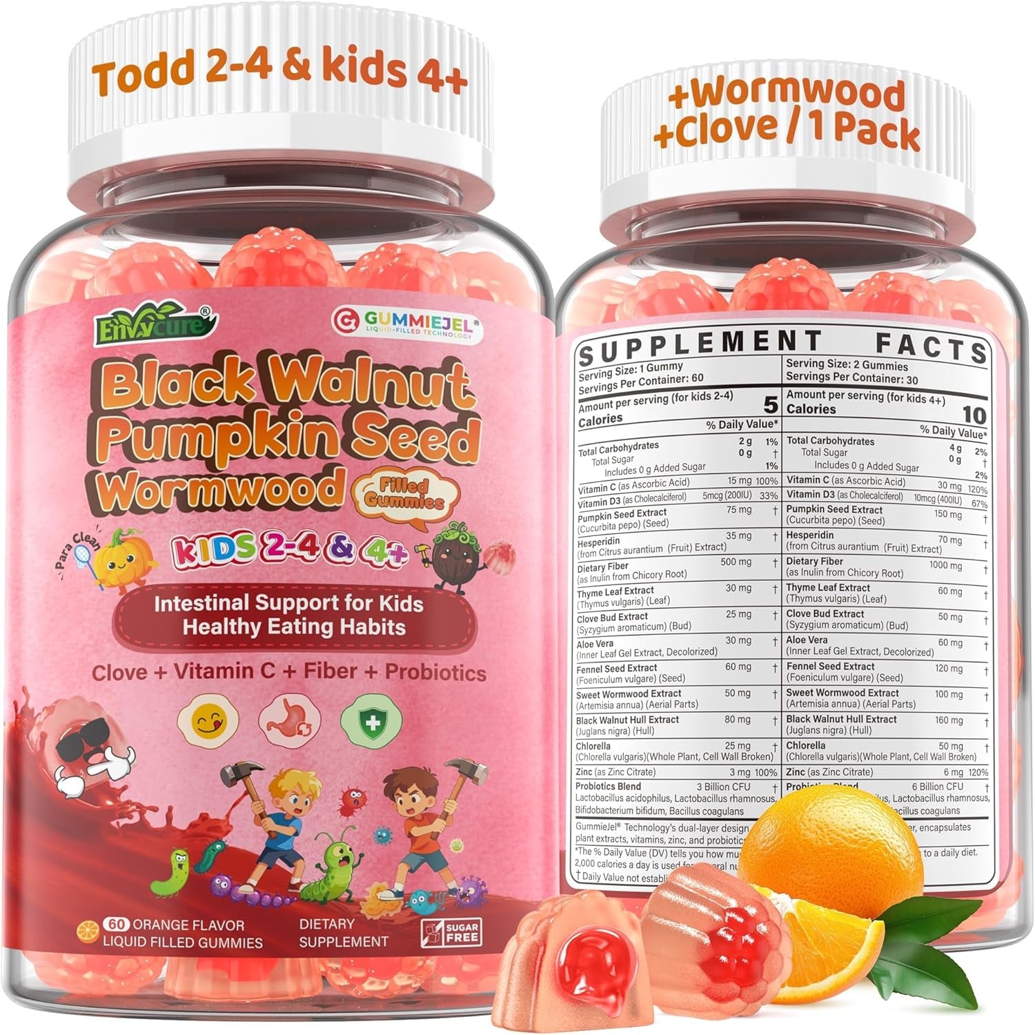 Toddler 2-4 & Kids 4+ Para Clean Gut Health Gummies W/Wormwood, Black Walnut, Clove, Pumpkin Seeds, Vitamin C, D3, Zinc, Digestive Supplement for Natural Gut Cleanse, Kids Immune Support (60Cts)