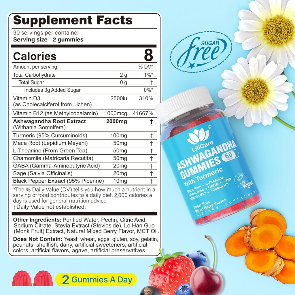 Ashwagandha Gummies, 2000Mg Organic Ashwa Root Extract Supplement for Women & Men - 60 Count - Ashwagandha Blend Gummies Combination Supplements