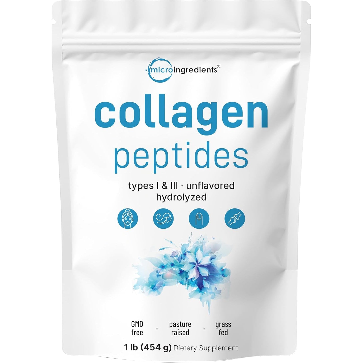 Micro Ingredients Hydrolyzed Collagen Peptides Powder, 1 Lb | Type I & III Collagen for Women & Men | Unflavored Bovine Collagen Protein | Easy Dissolve, Paleo, Non-Gmo