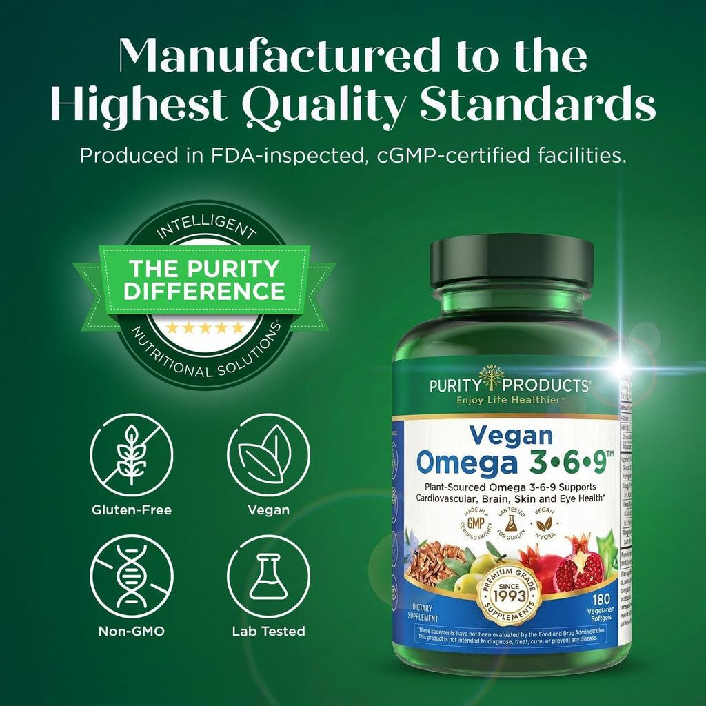 Purity Products Omega 3-6-9 Vegan and Vegetarian Formula - “5 in 1” Essential Fatty Acid Complex - Scientifically Formulated Plant-Based Omega 3 6 9 Essential Fatty Acids (EFA) - from (60)