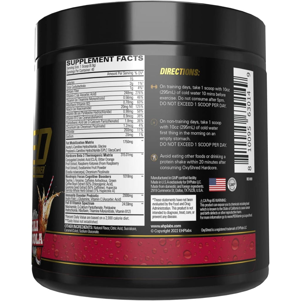 EHP Labs Oxyshred Hardcore Super Dosed Pre Workout Powder - Preworkout Powder with L Glutamine & Acetyl L Carnitine, Energy Boost Drink - 275Mg of Caffeine - Cali Cola, 40 Servings