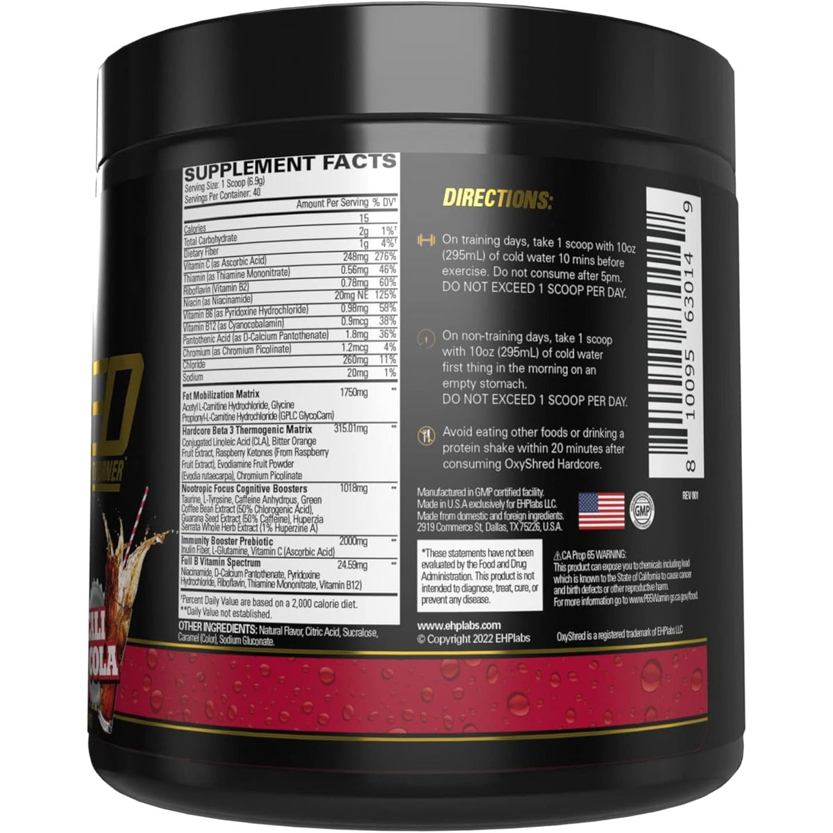 EHP Labs Oxyshred Hardcore Super Dosed Pre Workout Powder - Preworkout Powder with L Glutamine & Acetyl L Carnitine, Energy Boost Drink - 275Mg of Caffeine - Cali Cola, 40 Servings