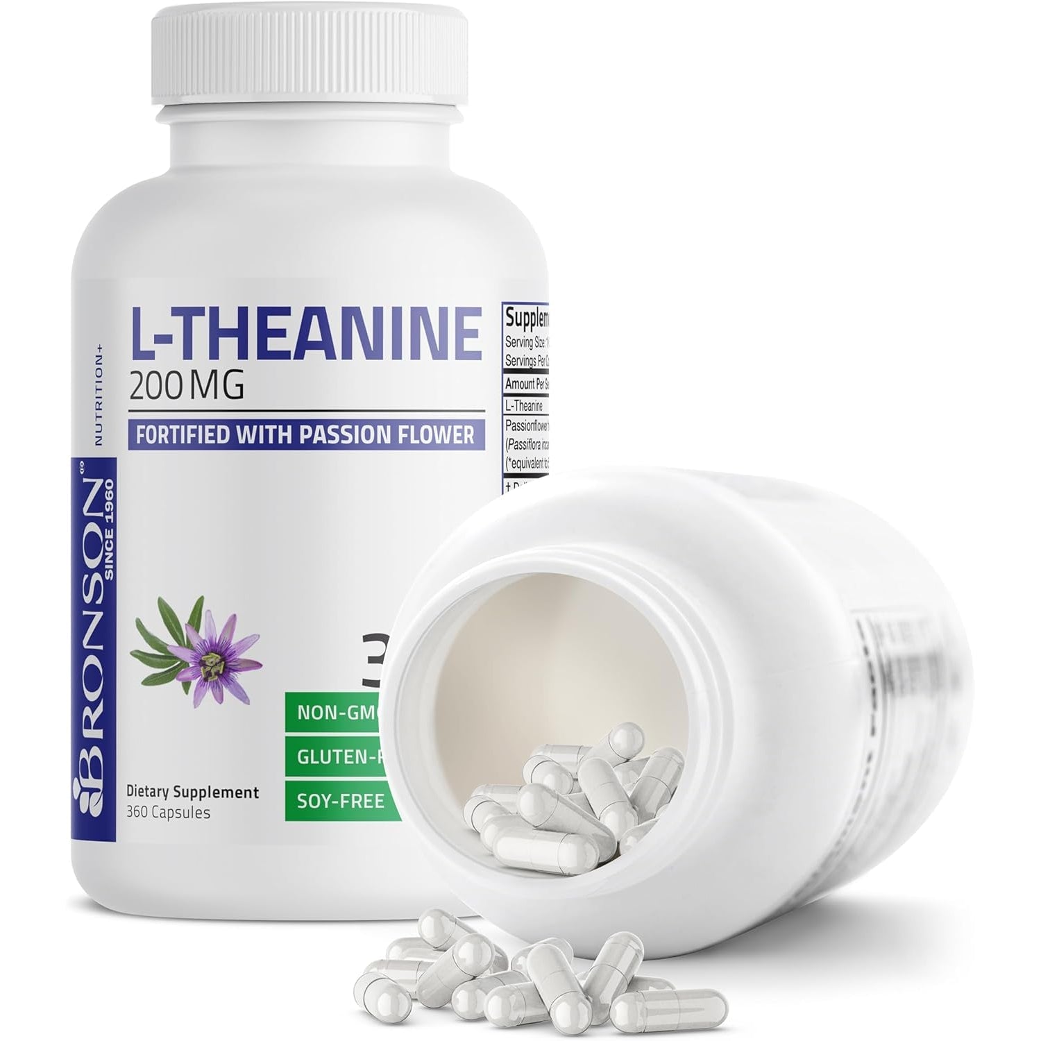 Bronson L-Theanine 200Mg (Double-Strength) with Passion Flower Herb, Non-Gmo Gluten-Free Soy-Free Stress Management Supplement, 360 Capsules