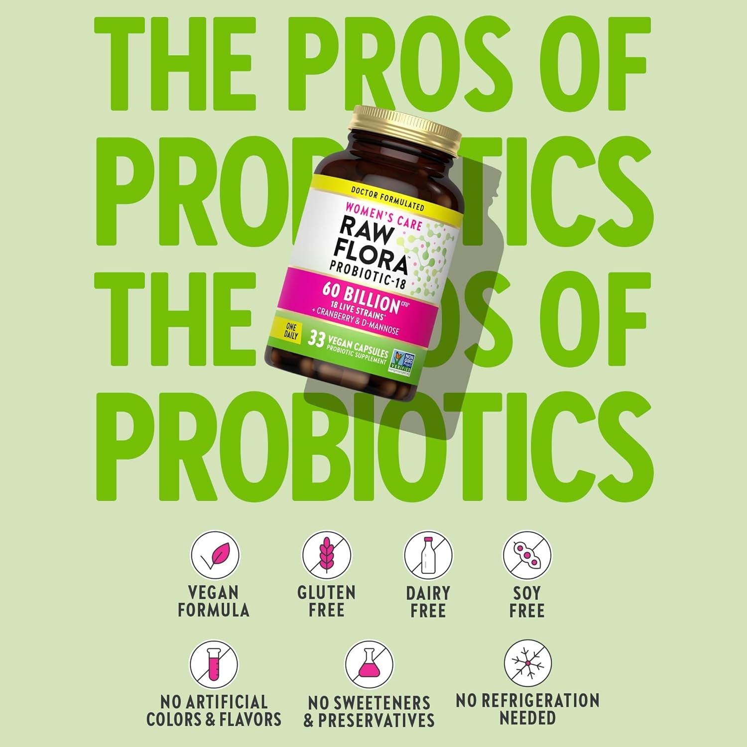 Raw Flora Women'S Probiotics | Dr. Formulated 60 Billion CFU + Prebiotics | Digestive, Vaginal & Urinary Support | 33 Vegan Capsules with Cranberry & D-Mannose | Shelf Stable