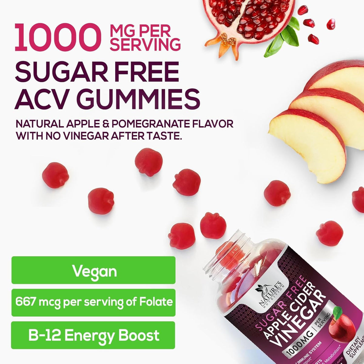 Apple Cider Vinegar Gummies for Weight Loss - Sugar Free - Max Strength ACV Gummy with Vitamin B12 & the Mother - Metabolism & Energy Support - Vegan Apple Cider Vinegar Gummy Supplement - 120 Gummies