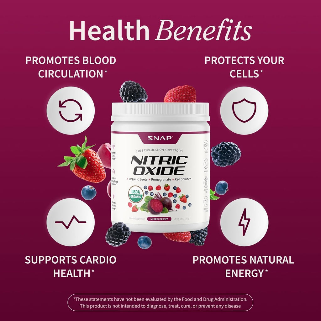 Snap Supplements Organic Beet Root Powder Nitric Oxide Supplement for Men & Women, Red Spinach & Pomegranate, Supports Healthy Energy & Blood Pressure Already in Normal Range, 30 Servings, Mixed Berry