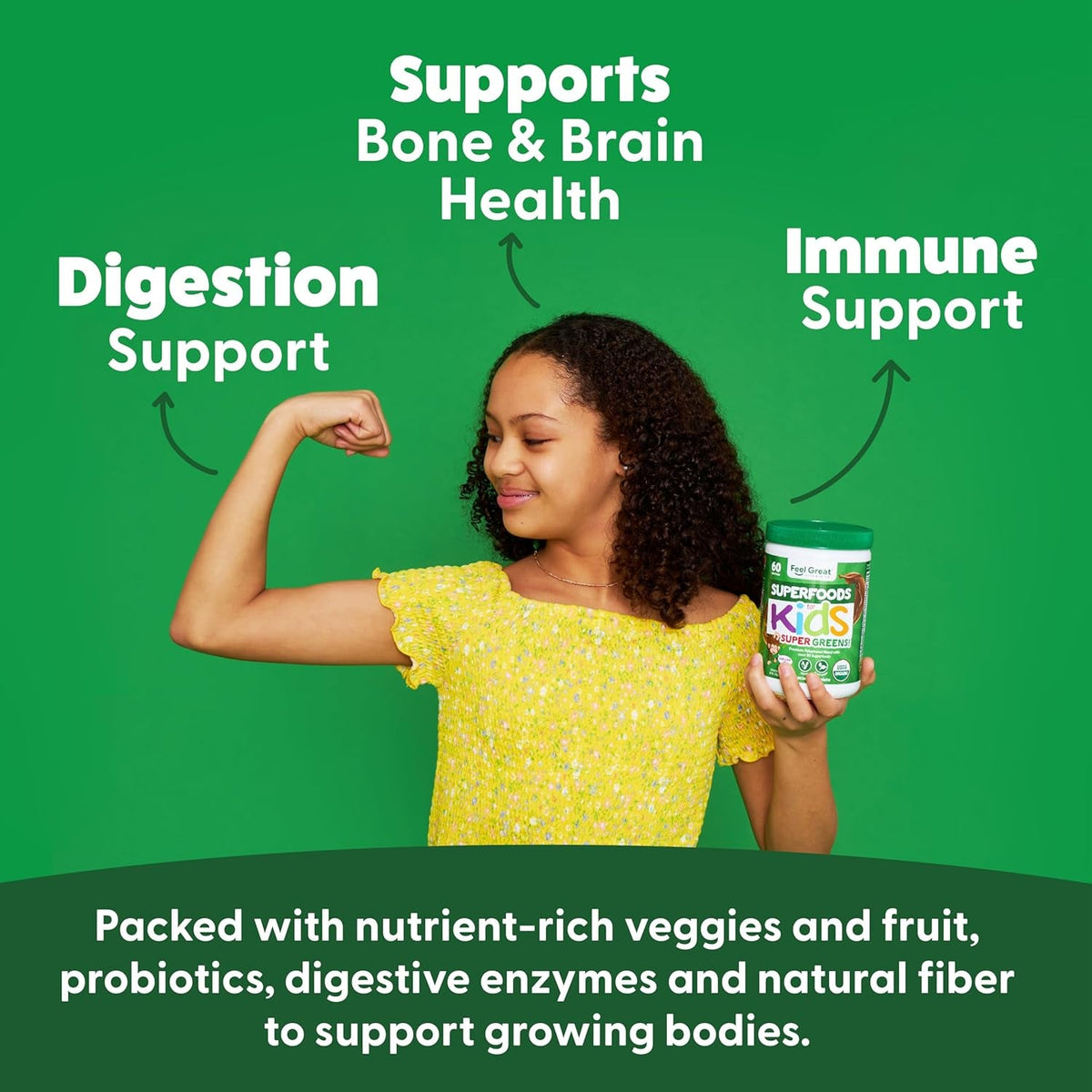 Feel Great USDA Organic Super Greens Powder for Kids - Cocao Chocolate | Fruit & Veggie Supplement | Superfood Powder with Probiotics & Digestive Enzymes for Digestive Health | 60 Days Supply