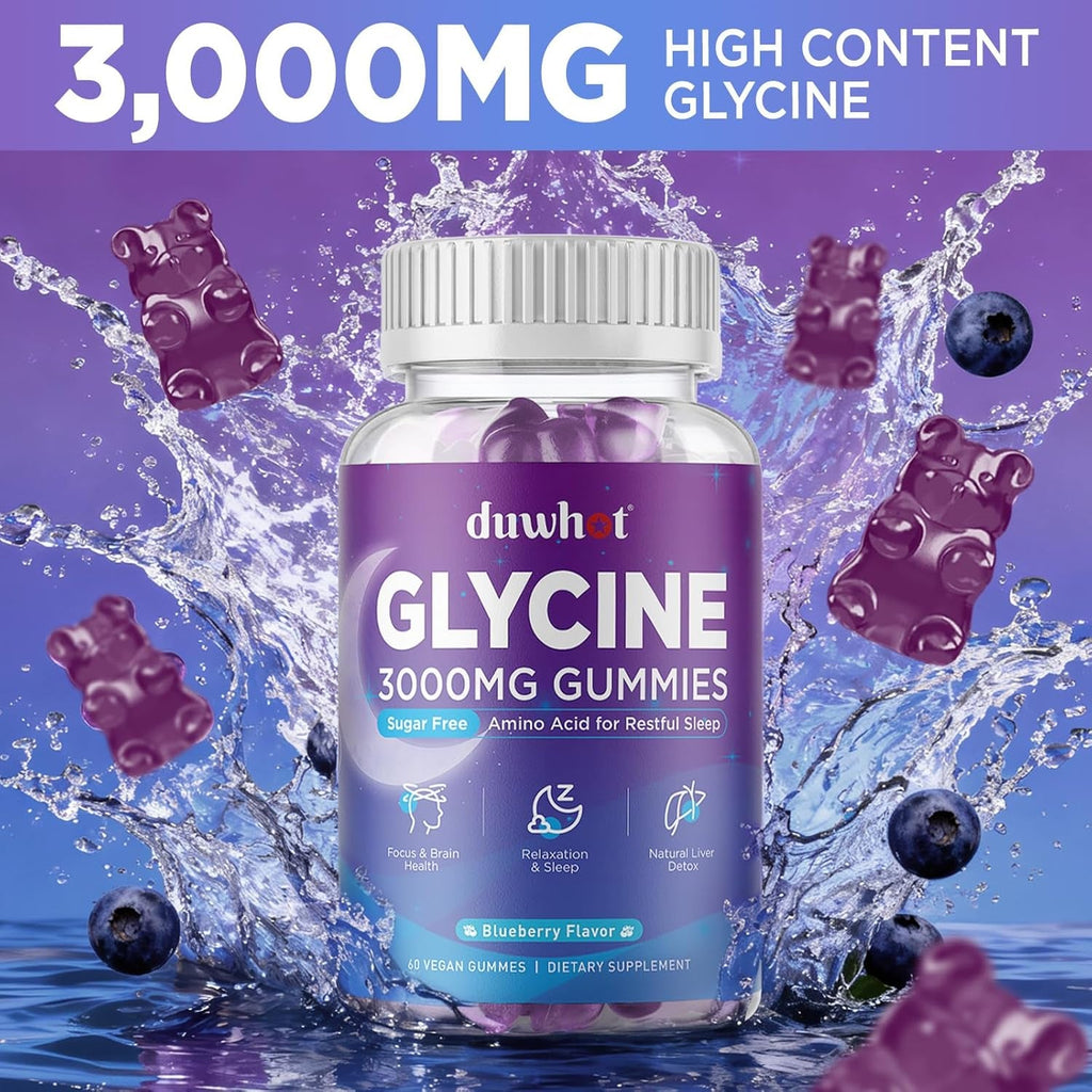 Duwhot Glycine Gummies, 3G(3000 Mg) Glycine Supplements for Sleep, Detox, Relax, Nerve Support, Blueberry Flavor, Sugar-Free, Vegan, Non-Gmo, Gluten-Free, 60 Ct.