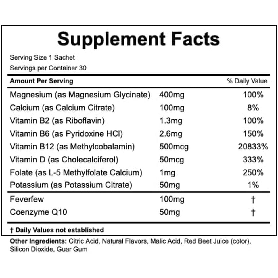 Daily Nervous System Support Formula for Head Tension, Stress & Energy, Calm Focus + Cellular Wellness Drink, 400Mg of Pure Magnesium Glycinate + 9 Key Neuronutrients, 30 Travel Sachets