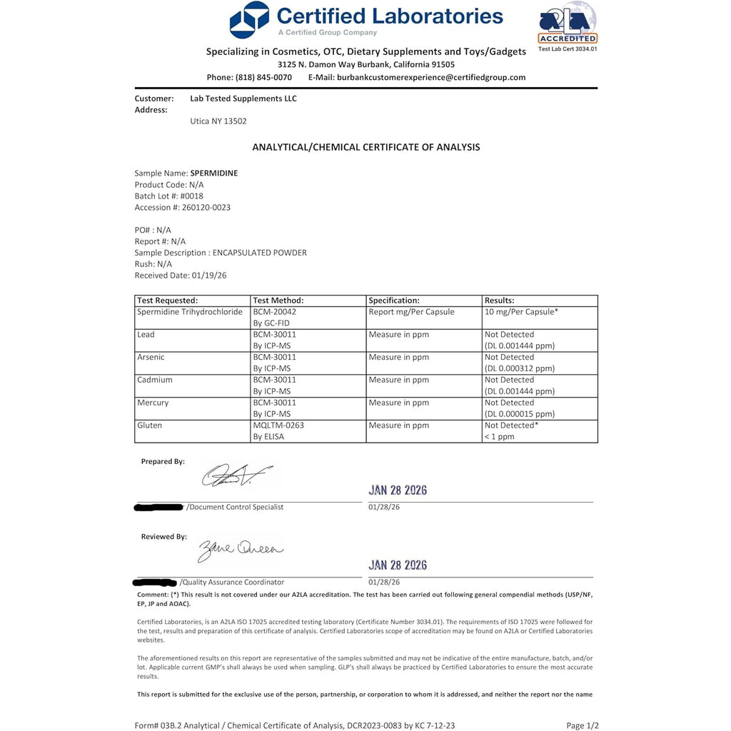 Spermidine 3HCL Supplement - 120 10Mg Capsules - 3Rd Party Coa'S Provided with Every Lot# - Spermidine Trihydrochloride