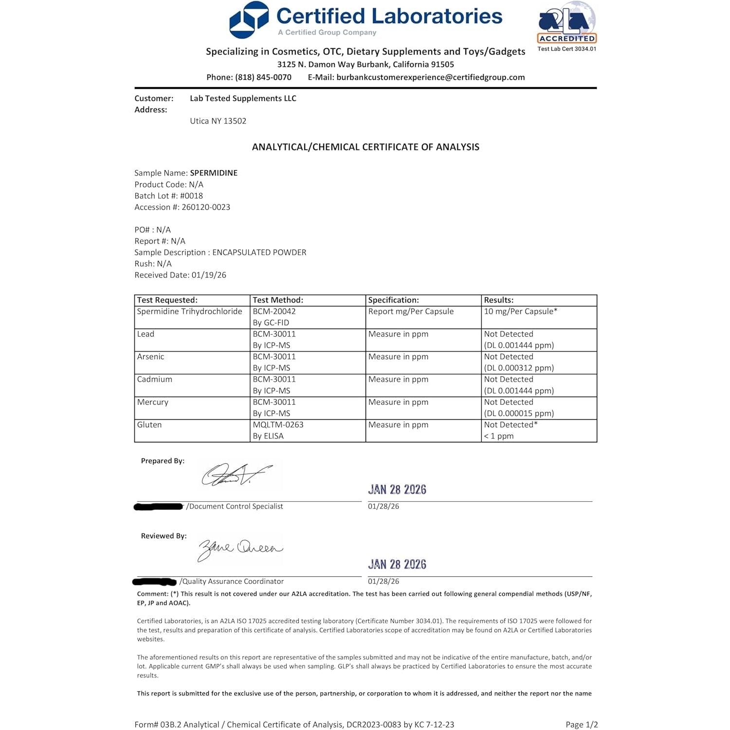 Spermidine 3HCL Supplement - 120 10Mg Capsules - 3Rd Party Coa'S Provided with Every Lot# - Spermidine Trihydrochloride