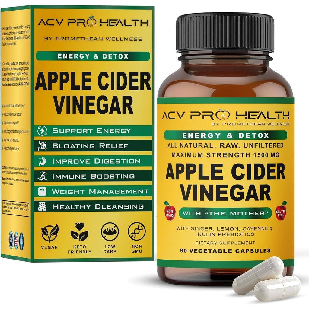 Promethean Wellness ACV Pro Apple Cider Vinegar Capsules Certified Organic with Mother ACV Pills Detox Cleanse Acid Reflux Relief Support Supplement Ginger Root Cayenne Pepper Powder (90 Count)