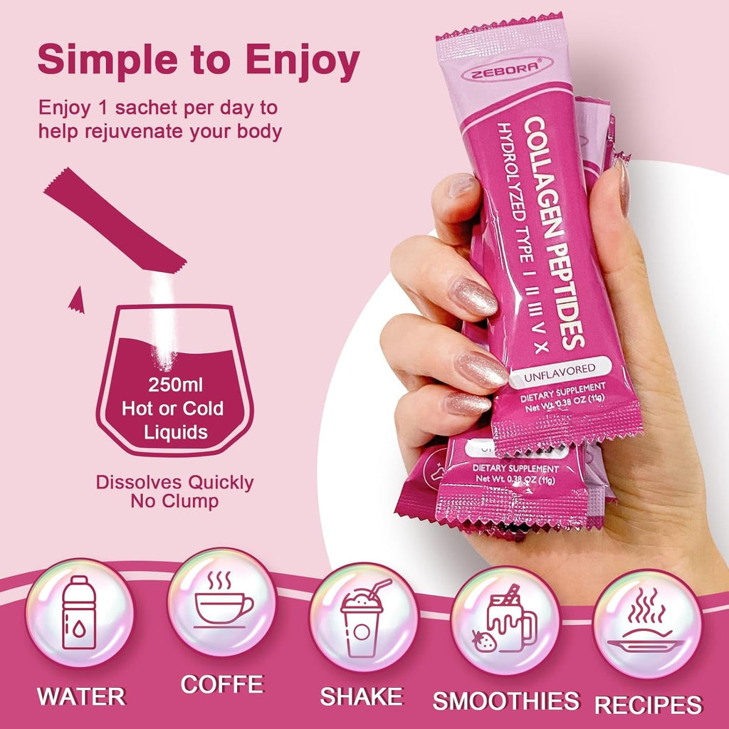ZEBORA Multi Collagen Peptides Powder Packets with Hyaluronic Acid, Biotin, MCT - Hydrolyzed Collagen with 5 Billion Probiotics - Support Skin Hair Nail & Gut Health - 30 Stick Packs