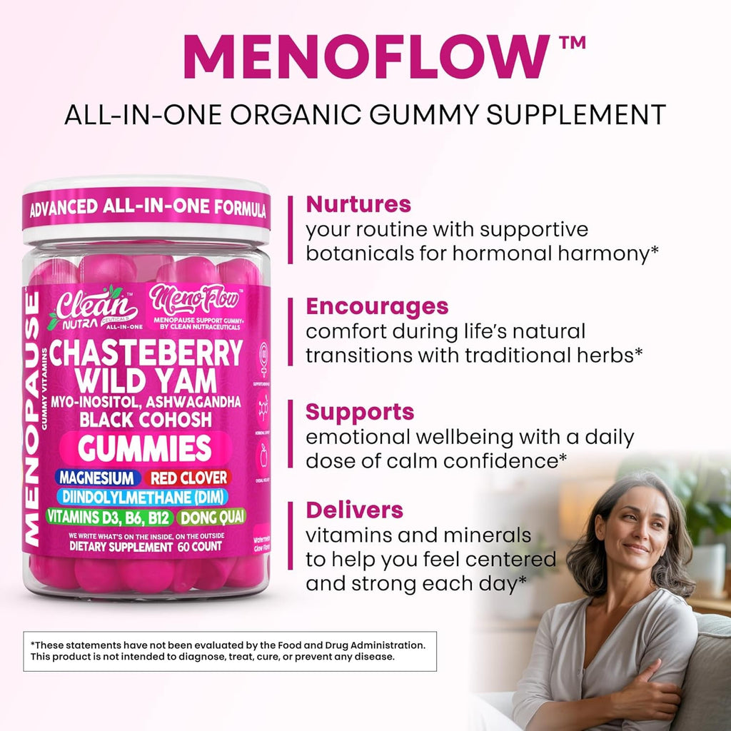 Clean Nutra Menopause Supplements for Women Chastberry Wild Yam Gummies Inositol Black Cohosh Magnesium Red Clover DIM Supplement B6 Magnesium Glycinate Glycine Vitex Hormone Balance Gummy Vitamins