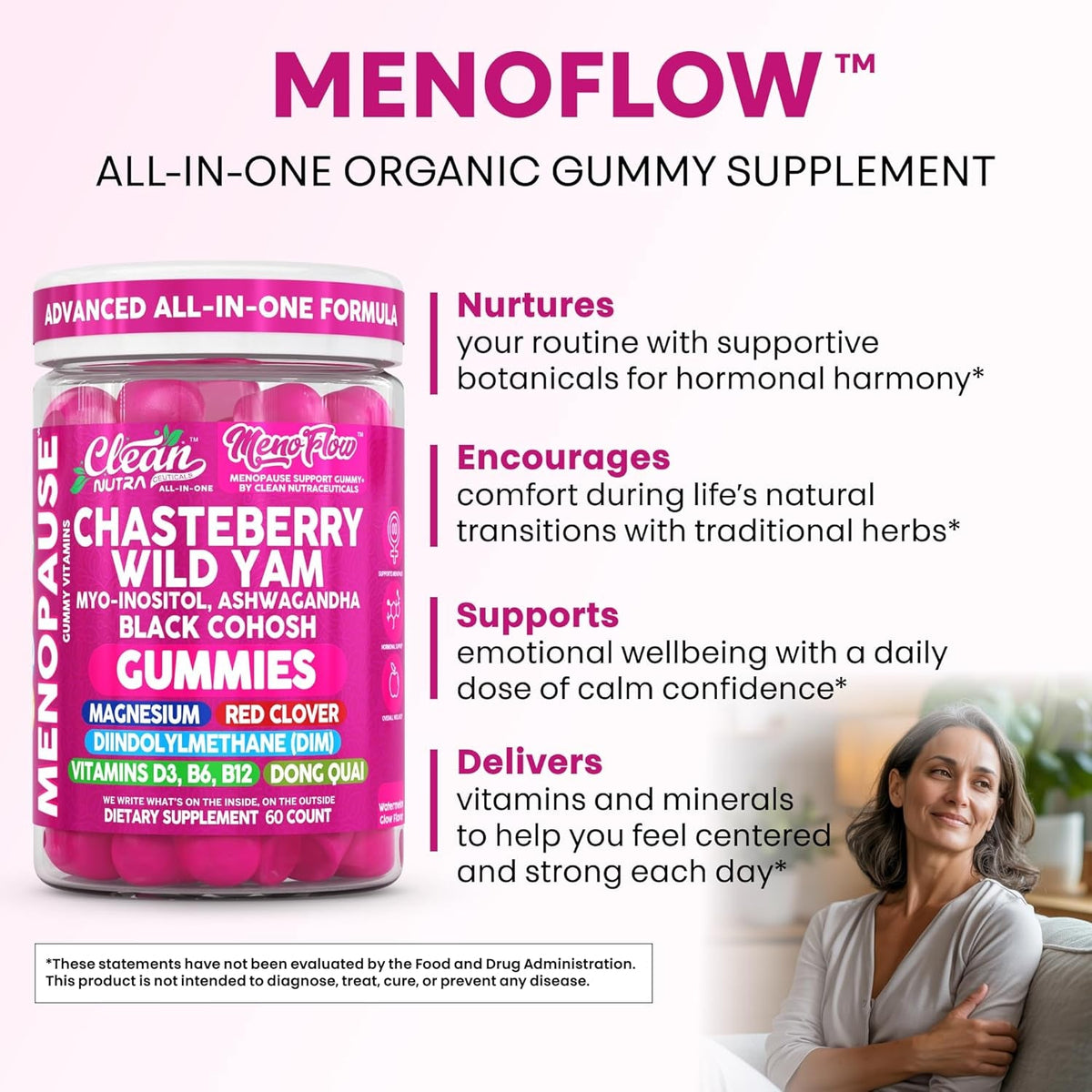 Clean Nutra Menopause Supplements for Women Chastberry Wild Yam Gummies Inositol Black Cohosh Magnesium Red Clover DIM Supplement B6 Magnesium Glycinate Glycine Vitex Hormone Balance Gummy Vitamins