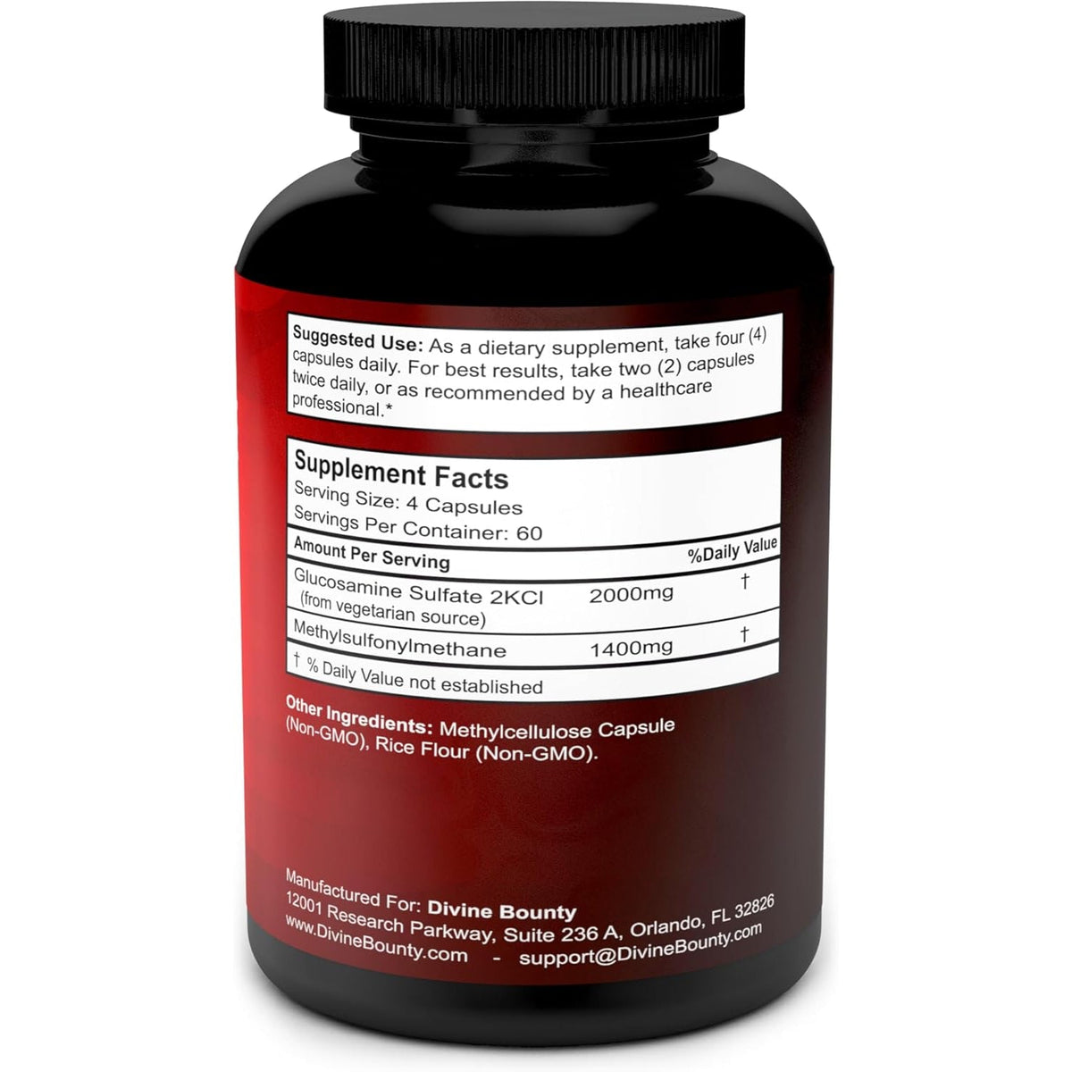 Divine Bounty Glucosamine Sulfate Supplement (2000Mg per Serving) with MSM - 240 Small Vegetarian Capsules - No Shellfish or Harmful Additives