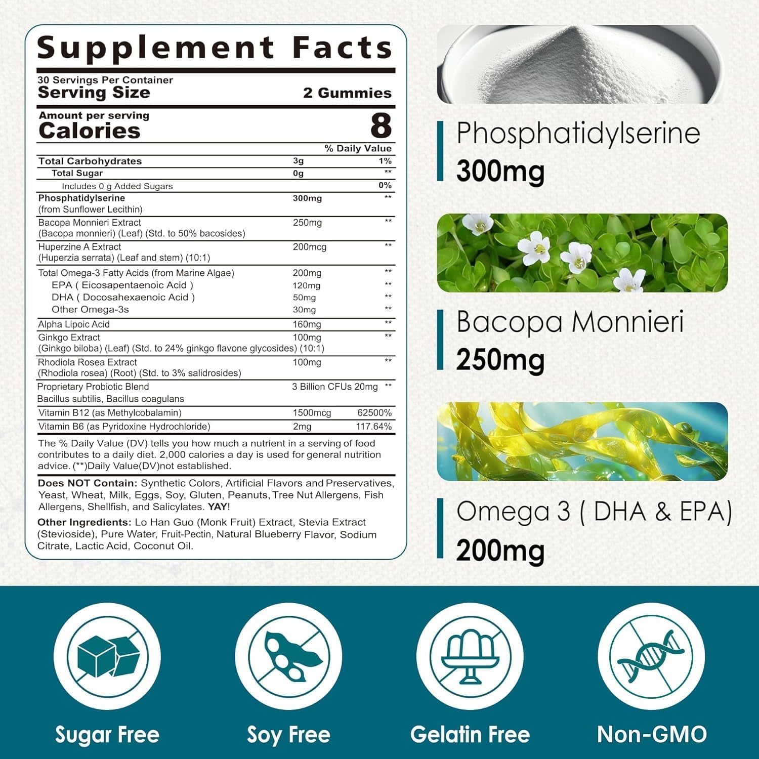 Phosphatidylserine - Nootropic Brian Supplement, Focus & Energy Gummies+ Bacopa Monnieri, Omega 3, Huperzine A, Methyl B12 & B6 for Seniors, Gamers, Workers, Non-Gmo, Caffeine-Free, Sugar Free, 2 Pack