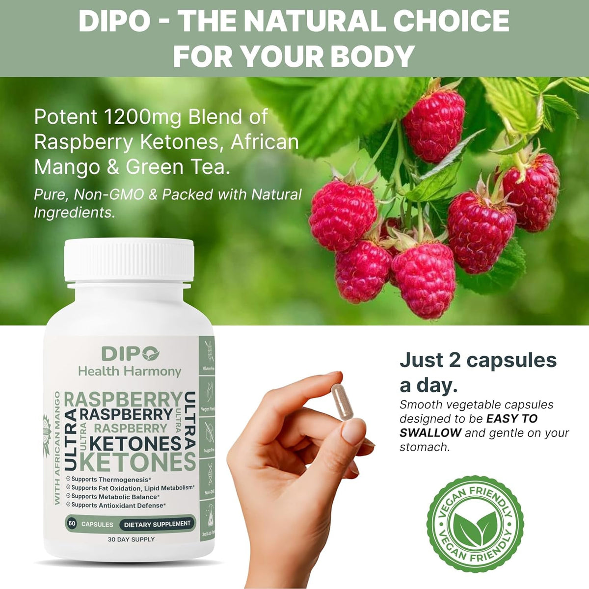 DIPO Raspberry Ketones Ultra 500Mg with African Mango Seed, Green Tea Extract & Apple Cider Vinegar - Metabolism & Healthy Weight Management Supplement for Women & Men - Vegan Non-Gmo, 60 Capsules