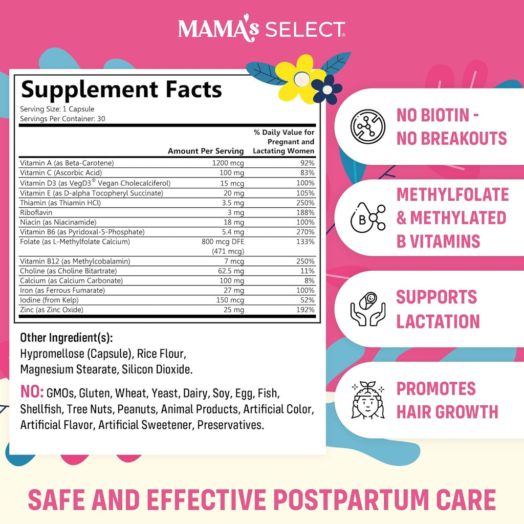 Mama'S Select Postnatal Vitamins – Boosts Hair Recovery, Milk Supply, & Wellness – Allergen-Free, Vegan, MTHFR Friendly, Methylated Folate & B Vitamins, Easy-To-Swallow, No Biotin - 30 Capsules