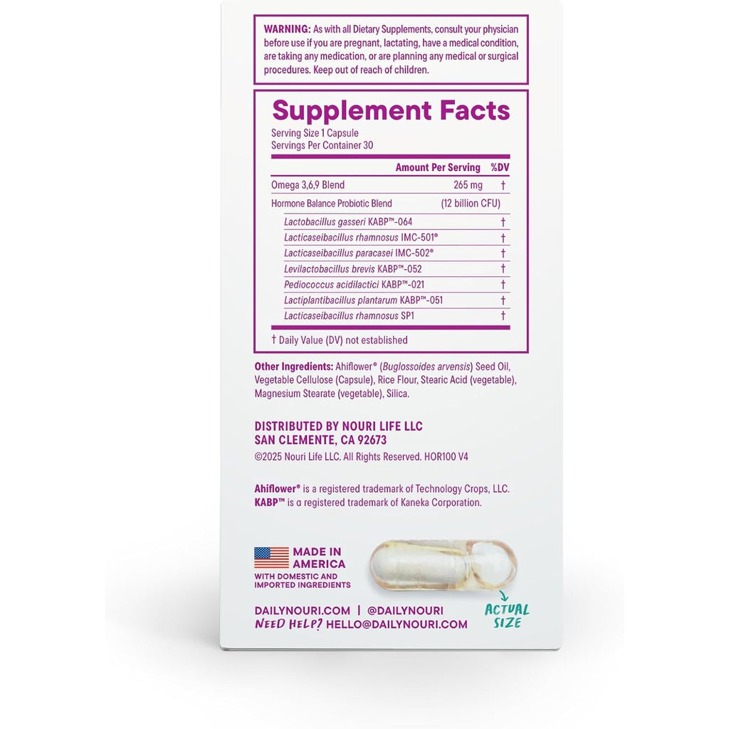 Daily Nouri Hormone Balance Probiotics for Women | Supports Estrogen Metabolism, PMS, Hormonal Acne & Bloating | 7 Clinically Studied Strains + Plant-Based Omega | 30-Day Supply
