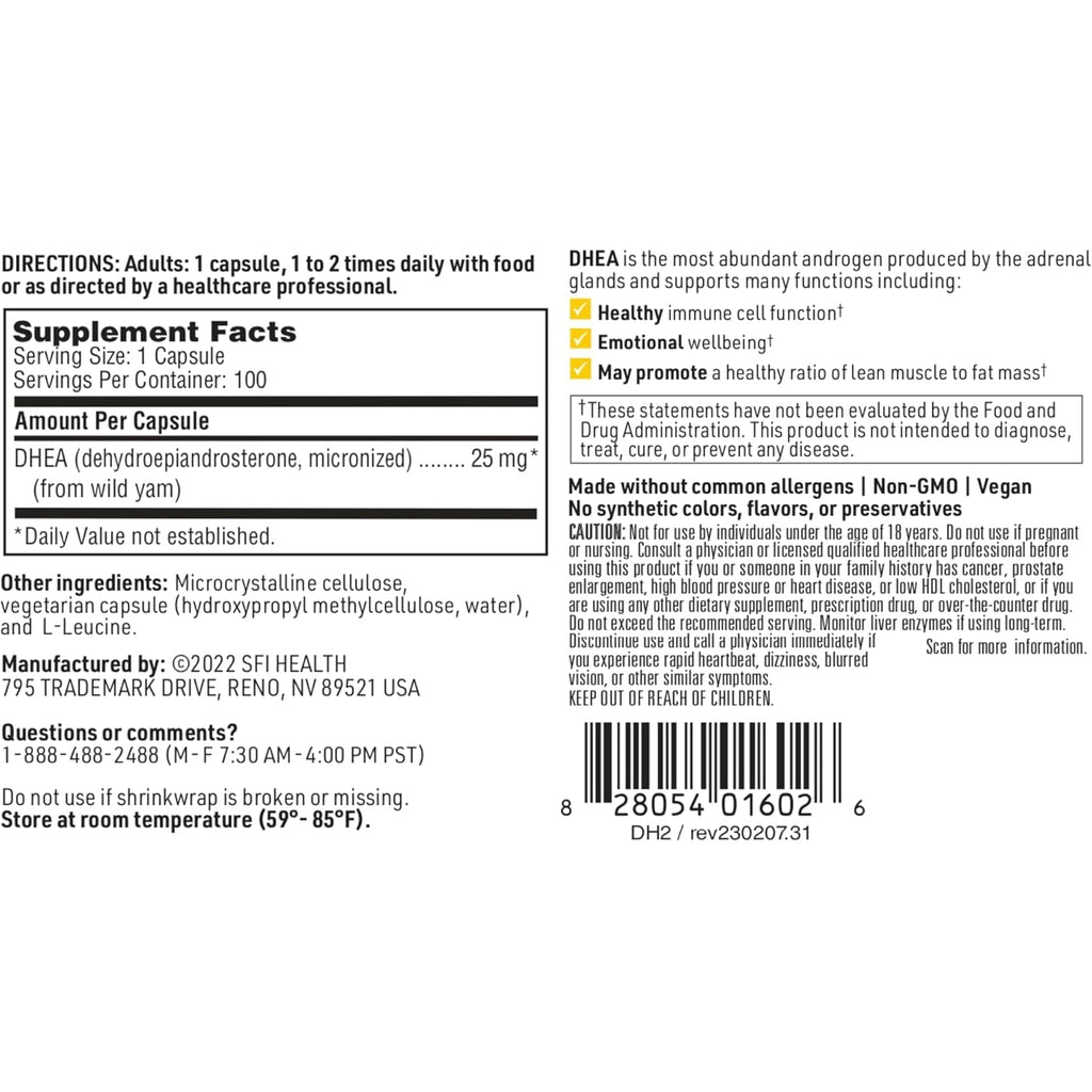 Klaire Labs SFI Health DHEA 25Mg - Dehydroepiandrosterone Derived from Wild Yam - Micronized for Superior Absorption - Soy-Free, Hypoallergenic Supplement for Men & Women (100 Capsules)
