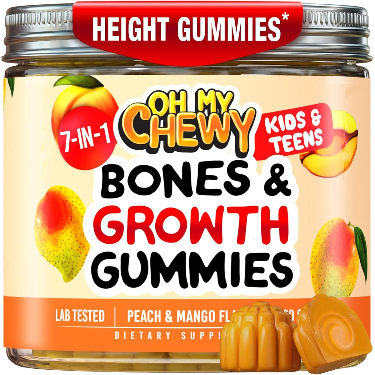 OH MY CHEWY Height Growth Vitamin Gummies for Kids & Teens - Growing up and Bones Support for Supplement with Calcium, Zinc, Vitamin D3, K2, Spirulina and Astragalus – Peach & Mango 60 CT