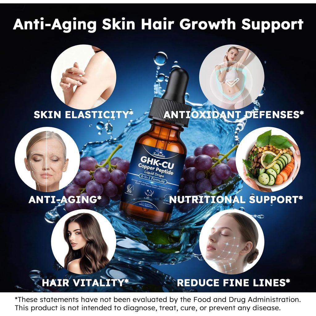 GHK-CU Peptides Supplement Oral Drop, Pro 6-In-1 GHK CU Copper Peptides with Hydrolyzed Marine Collagen Hyaluronic Acid Biotin Grape Seed Extract for Hair Growth Skin Elasticity & Anti-Aging Women Men