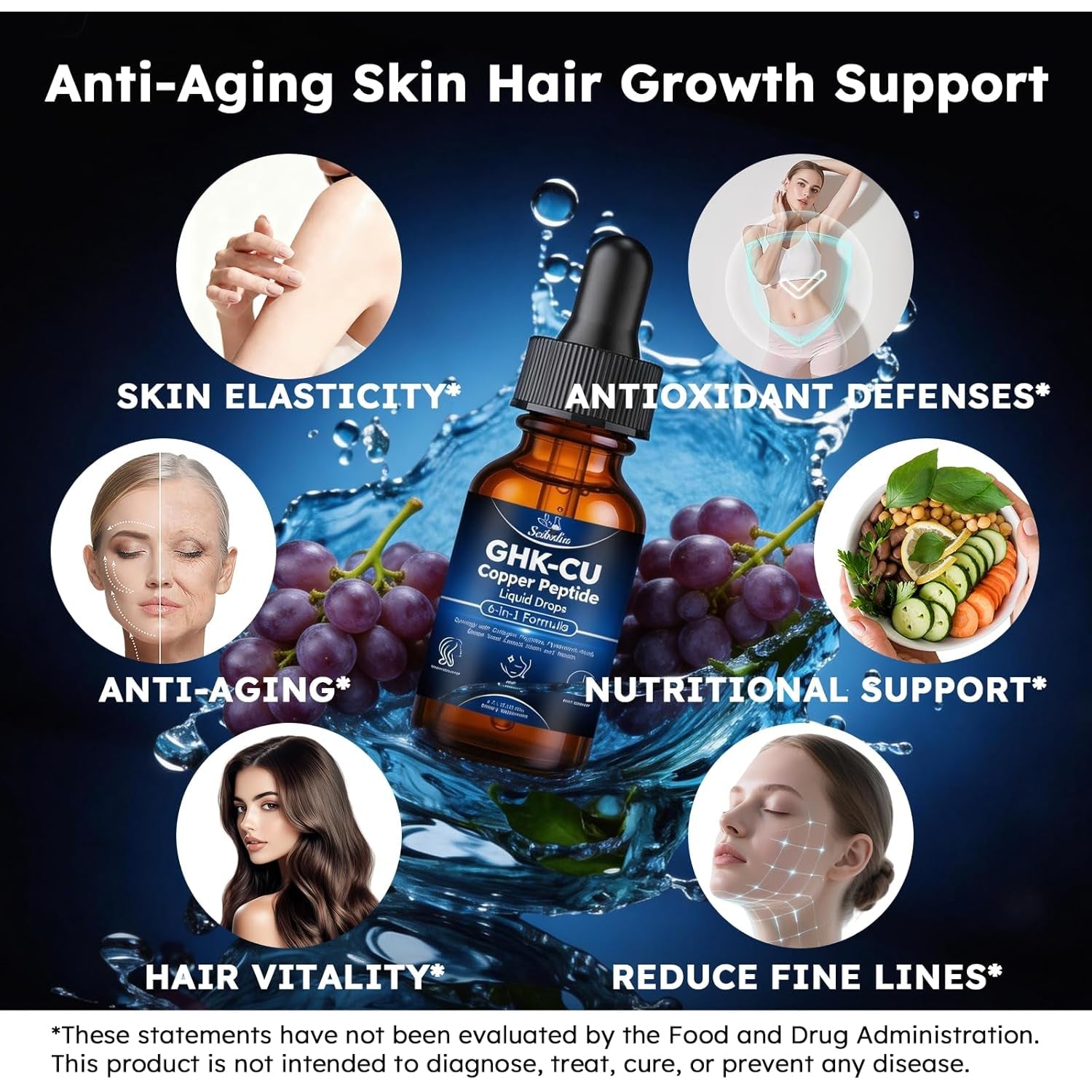 GHK-CU Peptides Supplement Oral Drop, Pro 6-In-1 GHK CU Copper Peptides with Hydrolyzed Marine Collagen Hyaluronic Acid Biotin Grape Seed Extract for Hair Growth Skin Elasticity & Anti-Aging Women Men