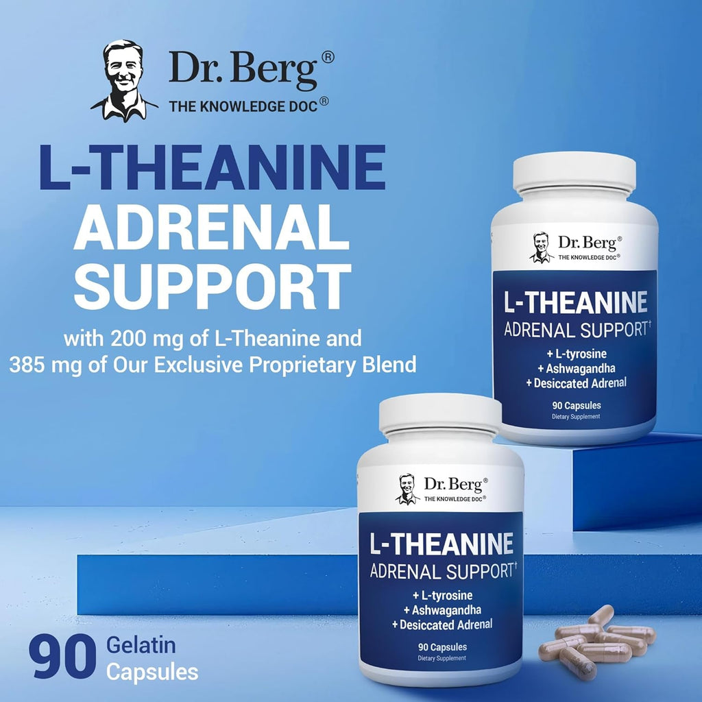 Dr. Berg L-Theanine 200Mg - Includes Zinc, Copper, L-Tyrosine, & Ashwagandha – L-Theanine Supplement Adrenal Support - for Relaxation, Stress Relief, and Mental Clarity* – 90 Gelatin Capsules