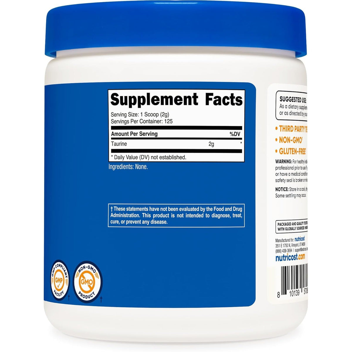 Nutricost Taurine Powder 250 Grams - 125 Servings, 2000Mg per Serving