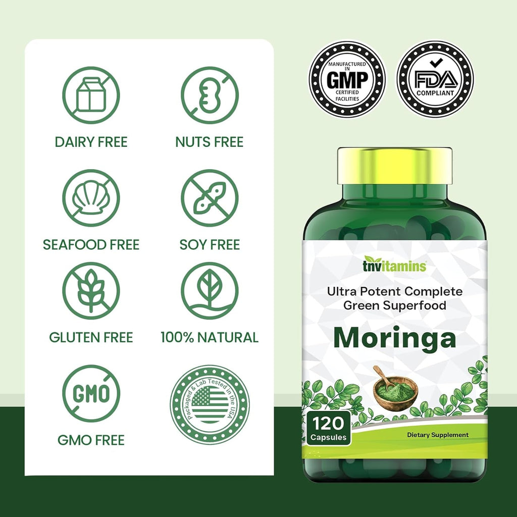 Tnvitamins Moringa 120 Capsules | High Potency Moringa Leaf Extract Superfood Supplement for Energy, Vitality & Antioxidant Support