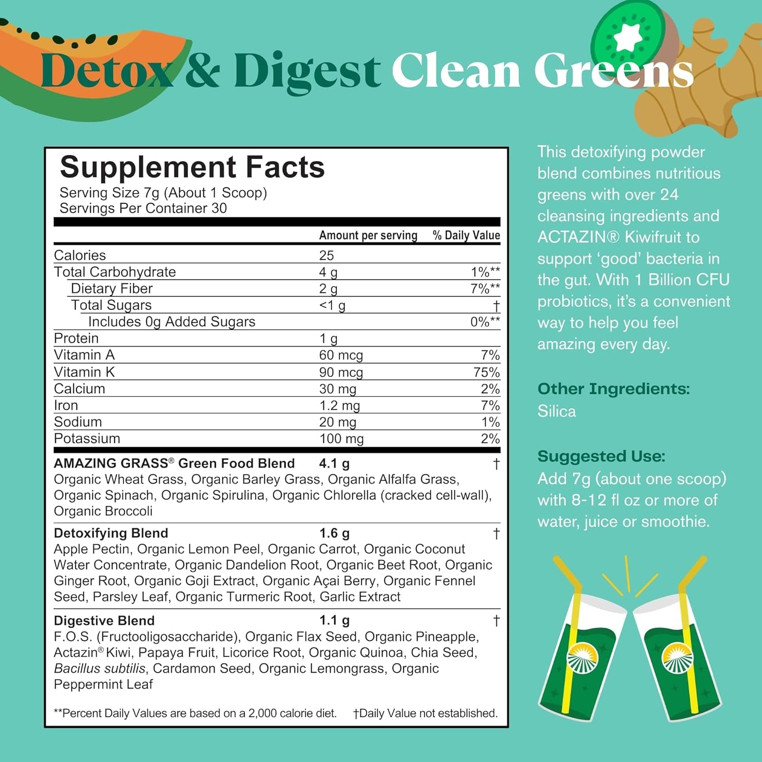 Amazing Grass Greens Blend Detox & Digest, Smoothie Mix, Cleanse with Super Greens Powder, Digestive Enzymes & Probiotics, Clean Greens, 30 Servings, 7.4 Ounce (Packaging May Vary)